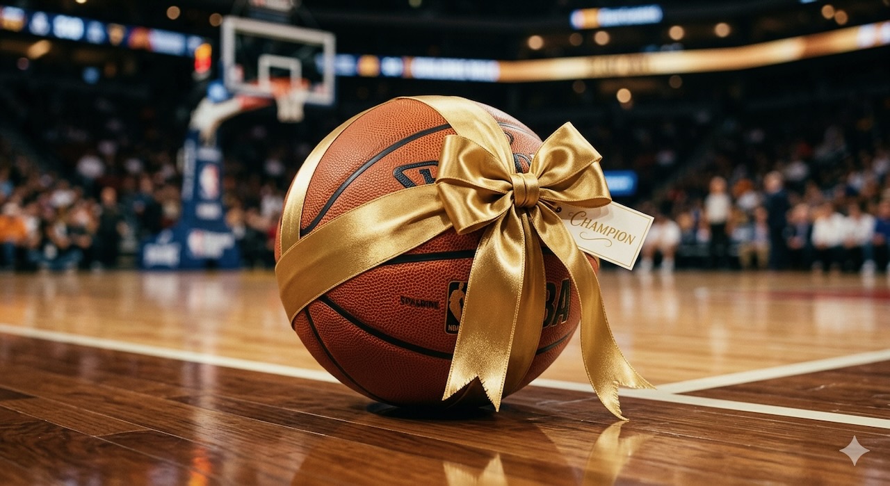 Basketball wrapped with a gold ribbon representing the Gift of the Game
